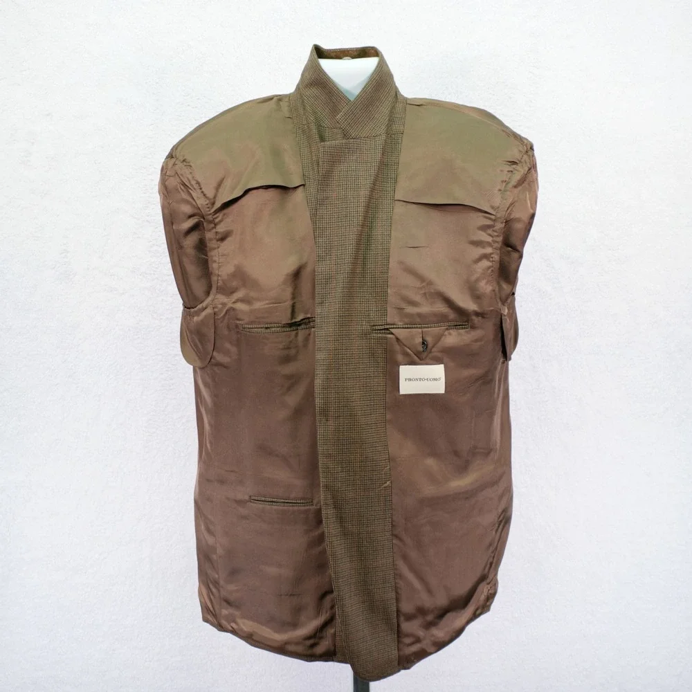 Pronto Uomo Wool Brown Tan Houndstooth W/ Red Orange‎ Winowpane 44R Sport Coat